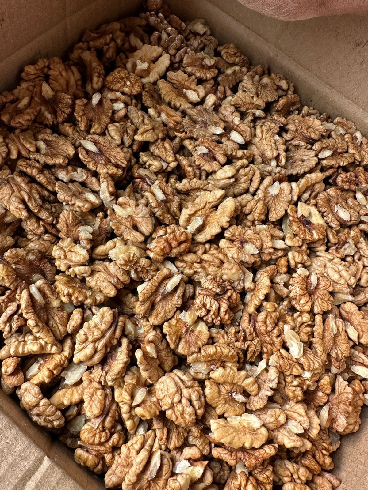 Walnut kernels filling an open kraft-card box, whole halves mixed with broken pieces