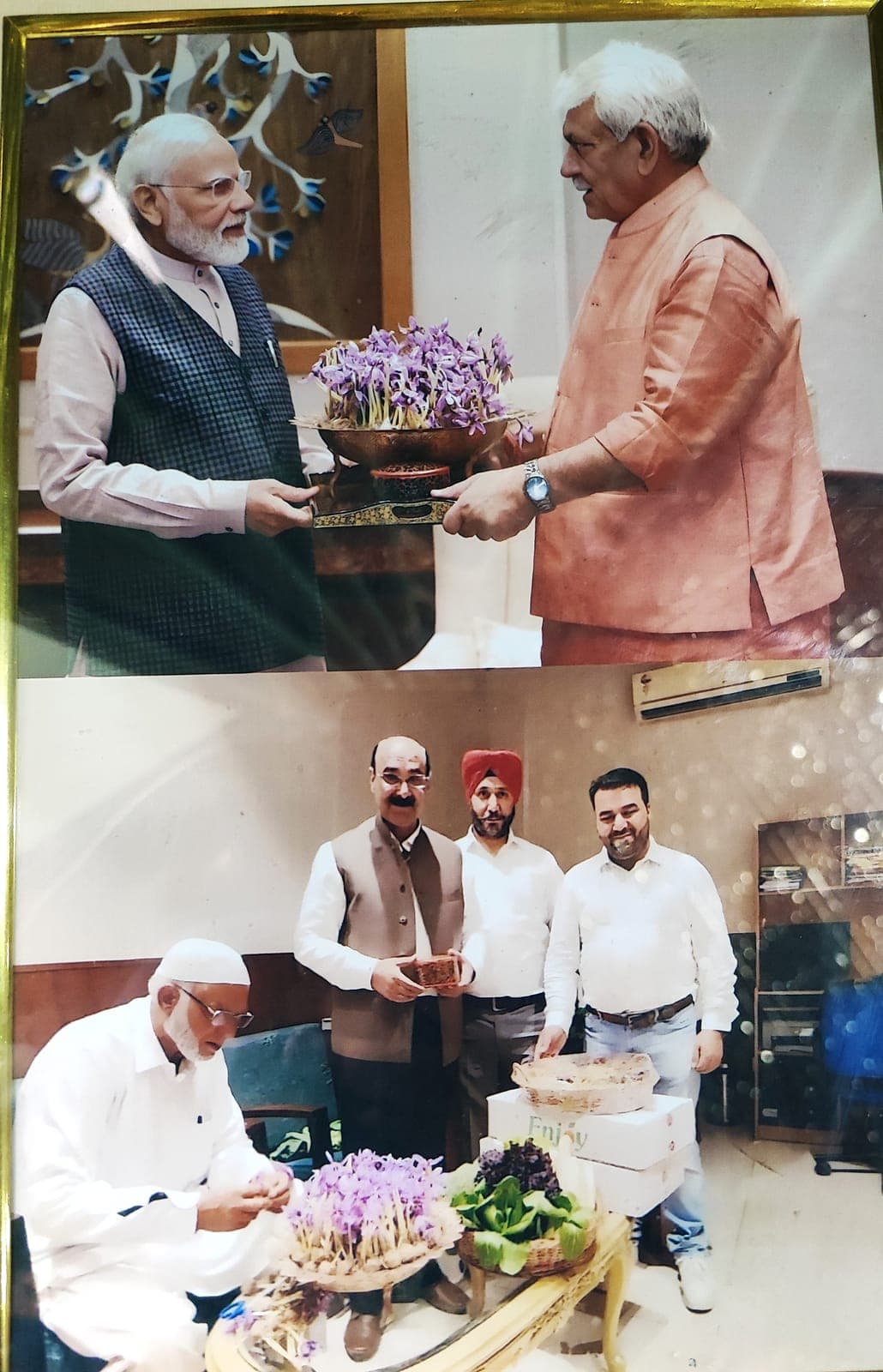 Our grandfather, Abdul Majeed Wani, hand-arranging the Pampore saffron flower bouquet that was presented to Prime Minister Narendra Modi