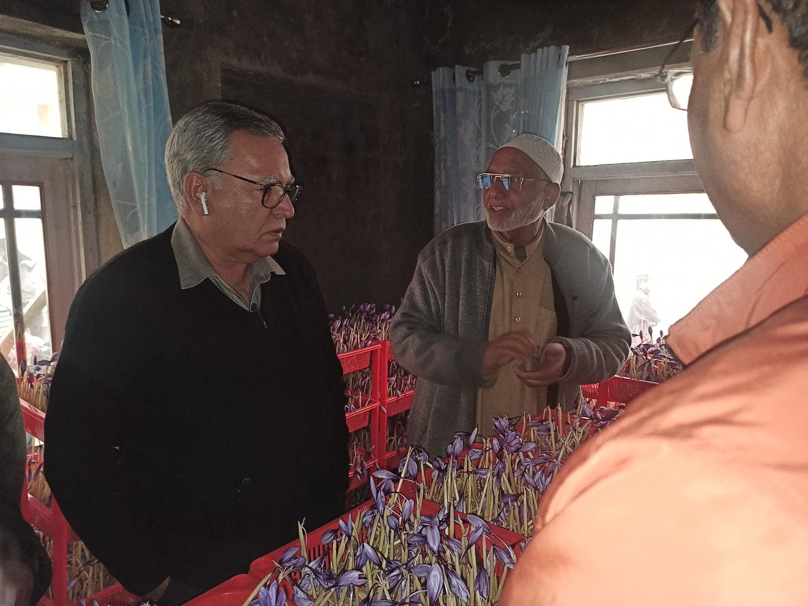Advisor to the Lieutenant Governor of J&K, Farooq Khan, inspecting trays of our freshly harvested saffron flowers
