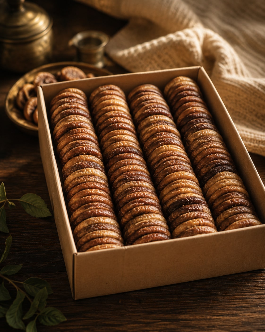 Dried figs packed upright in four rows inside an open kraft box, a brass pot and a plate of loose figs behind