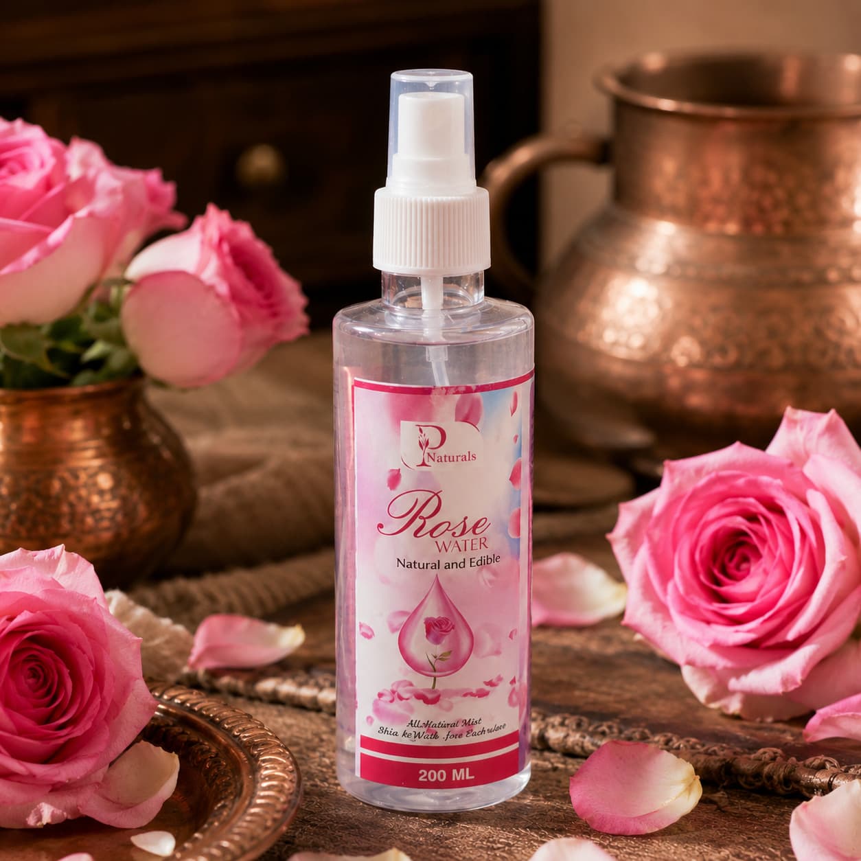 A 200ml spray bottle of clear natural rose water surrounded by pink roses, petals and engraved copper vessels
