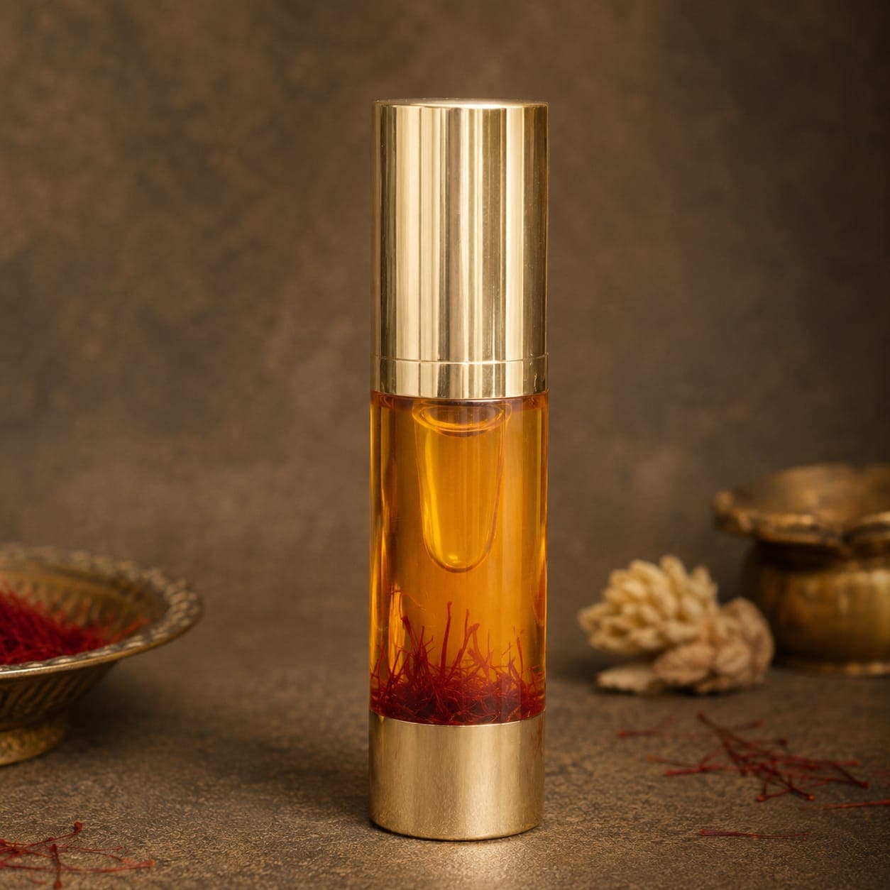 Saffron-infused oil in an amber glass bottle with visible Kashmiri saffron threads — saffron oil for skin