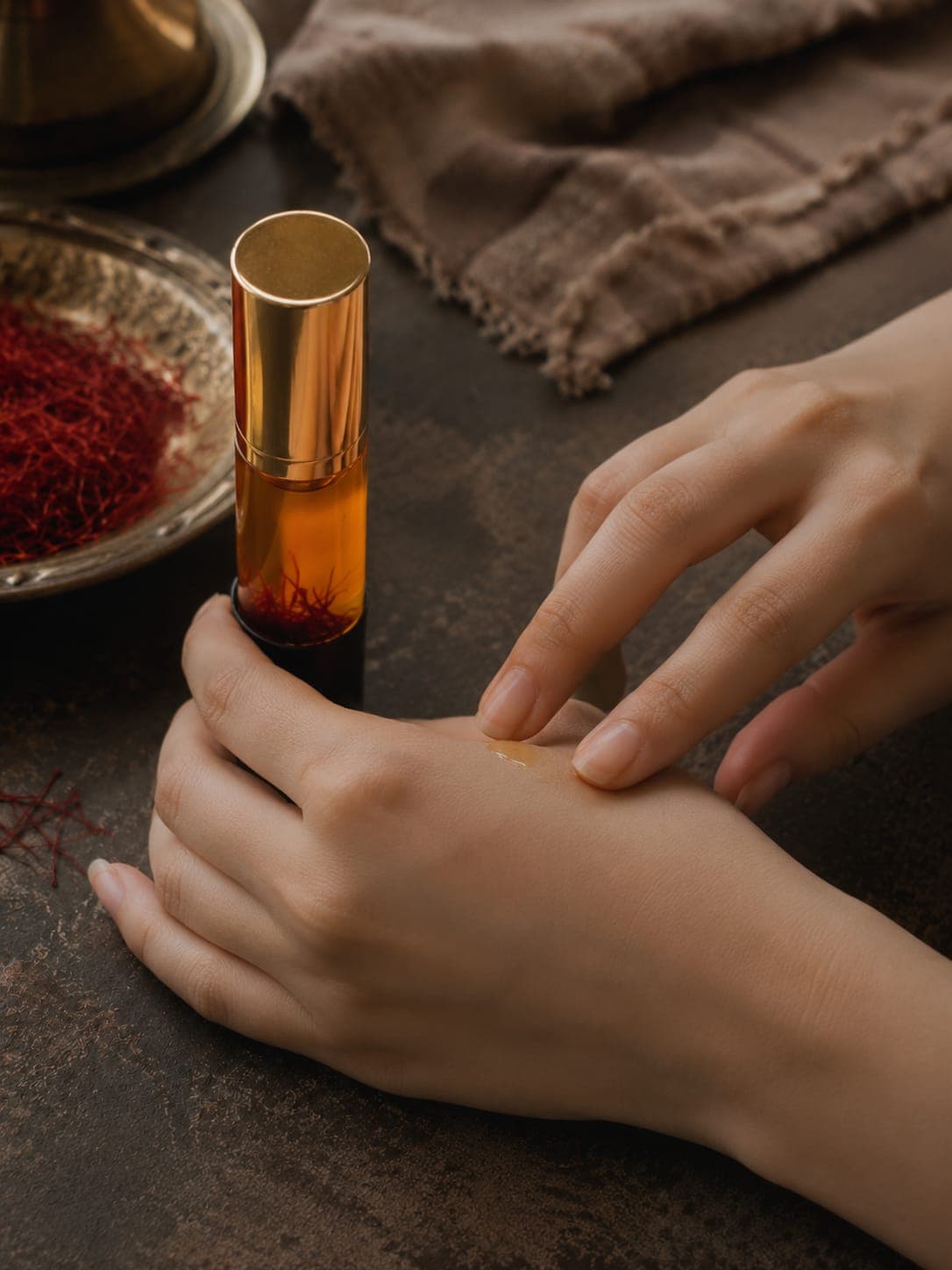 Applying golden saffron-infused oil to the skin — a few drops pressed in as the last step