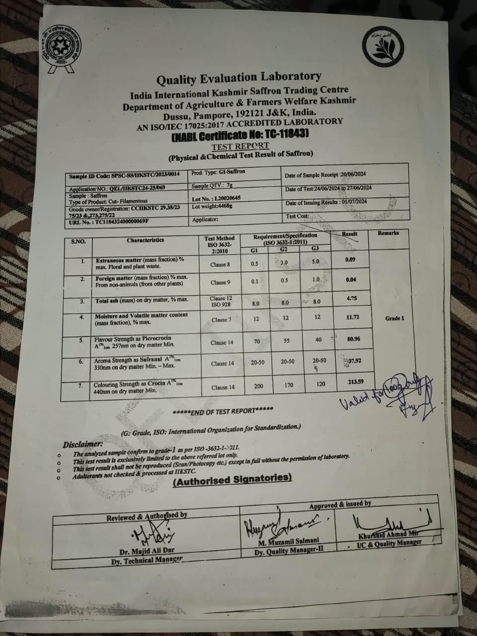 IIKSTC Quality Evaluation Laboratory test report TC118432400000069F: saffron lot L20020645, Grade I under ISO 3632-1:2011, issued 1 July 2024