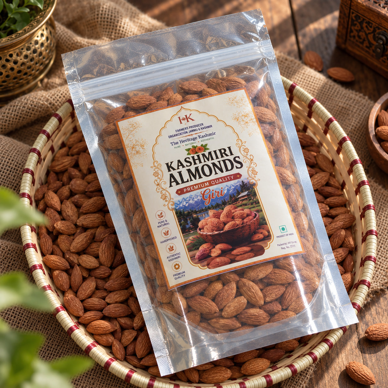 A clear pouch of Kashmiri almonds with the Heritage Kashmir label lying on a woven basket of skin-on almonds