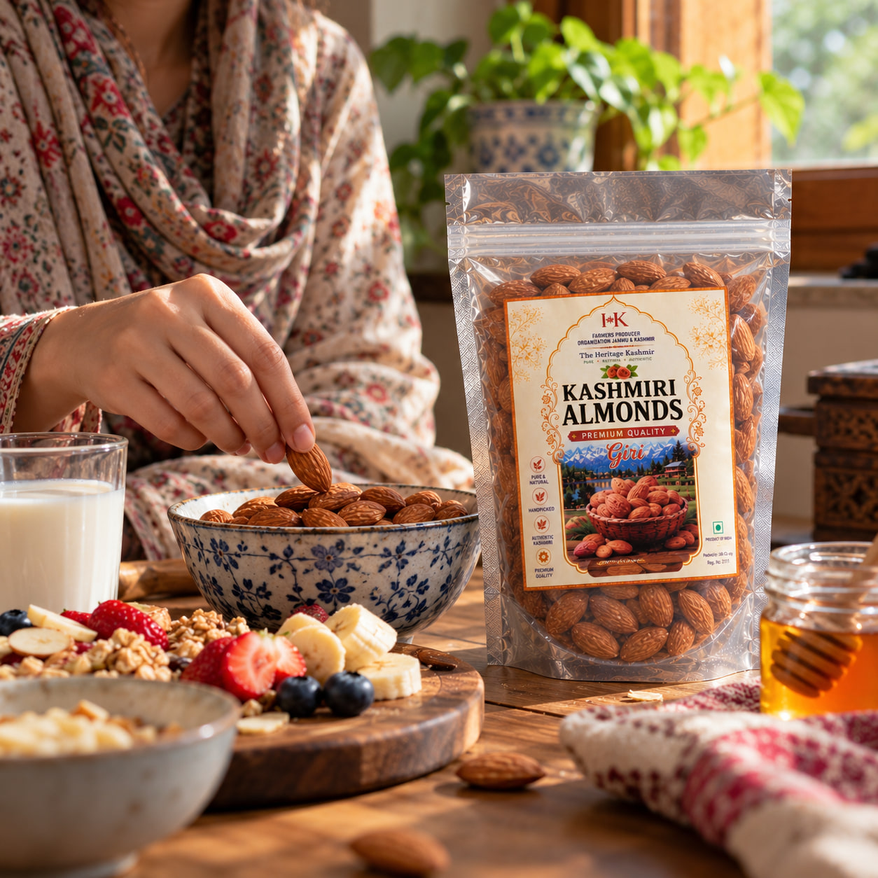 A hand taking almonds from a bowl on a breakfast table, beside a glass of milk, fruit and the pouch of Kashmiri almonds