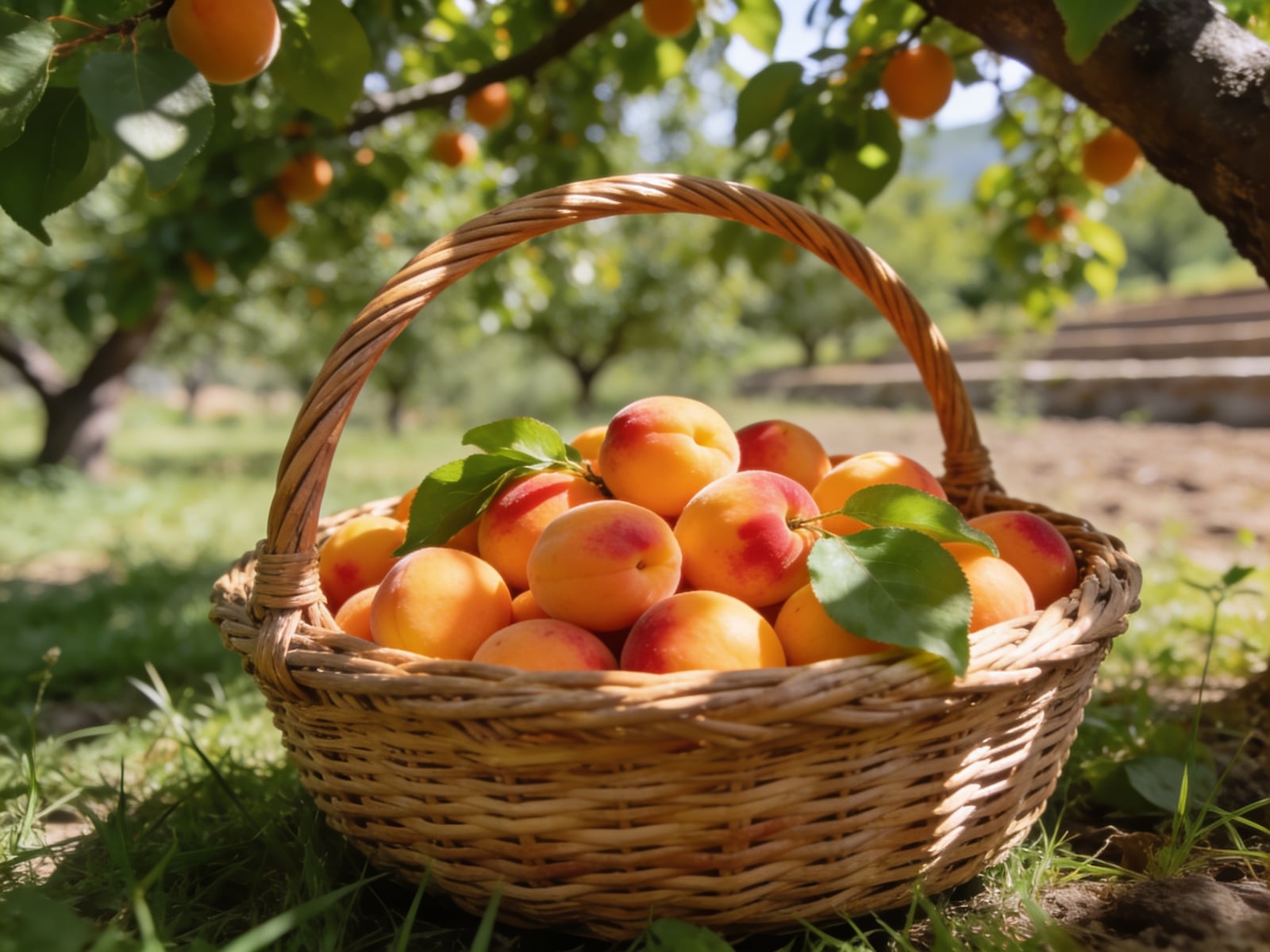 Illustration: a willow basket of freshly picked ripe apricots under an apricot tree