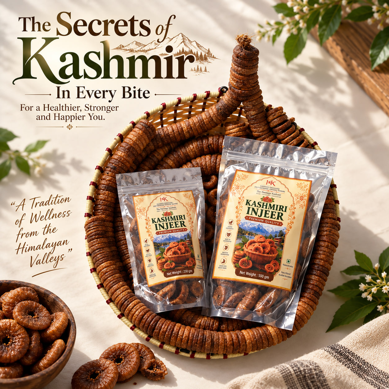 Two fig pouches in a woven basket wound with a garland of threaded figs, under the words The Secrets of Kashmir in Every Bite