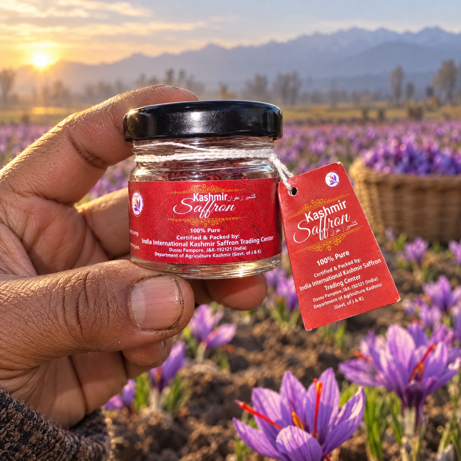 A hand holding the IIKSTC Kashmir Saffron jar with its red tag up to the camera, a field of purple crocus flowers blurred behind at sunrise