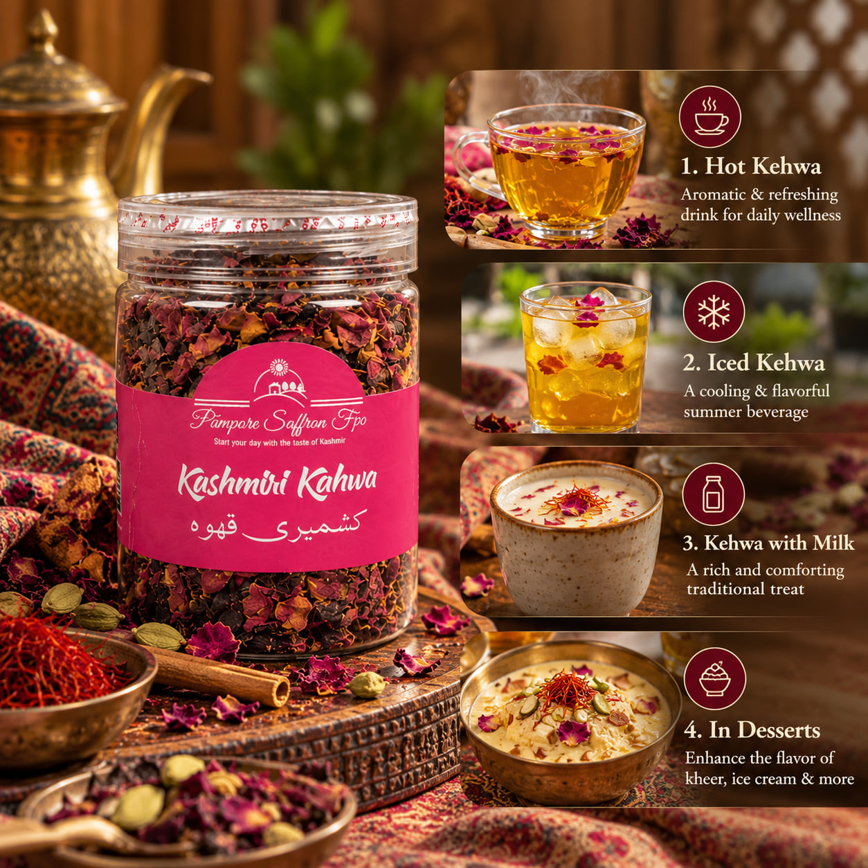 The kahwa jar beside four serving ideas: hot kehwa, iced kehwa, kehwa with milk, and in desserts