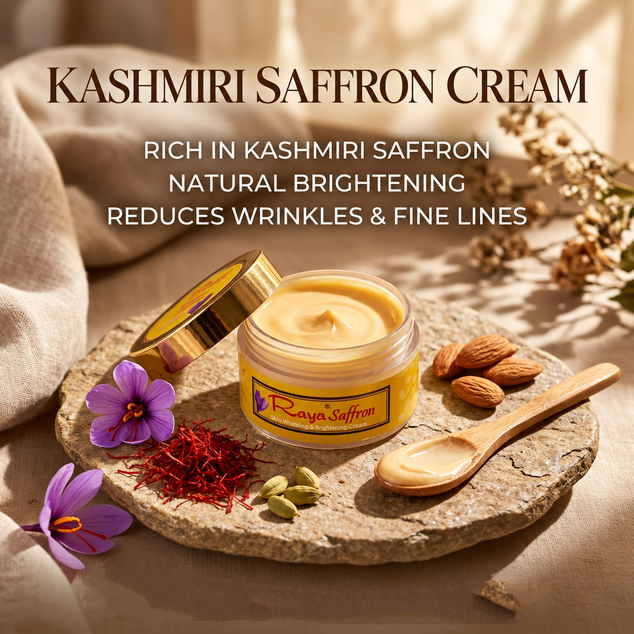 Kashmiri Saffron Cream artwork: an open jar on a stone slab with saffron threads, crocus flowers, cardamom, almonds and a spoon of cream, under the words rich in Kashmiri saffron, natural brightening, reduces wrinkles and fine lines