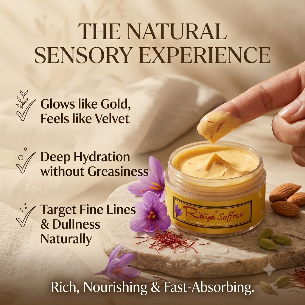 The natural sensory experience: a fingertip lifting saffron cream from the jar, beside the lines glows like gold, feels like velvet; deep hydration without greasiness; target fine lines and dullness naturally