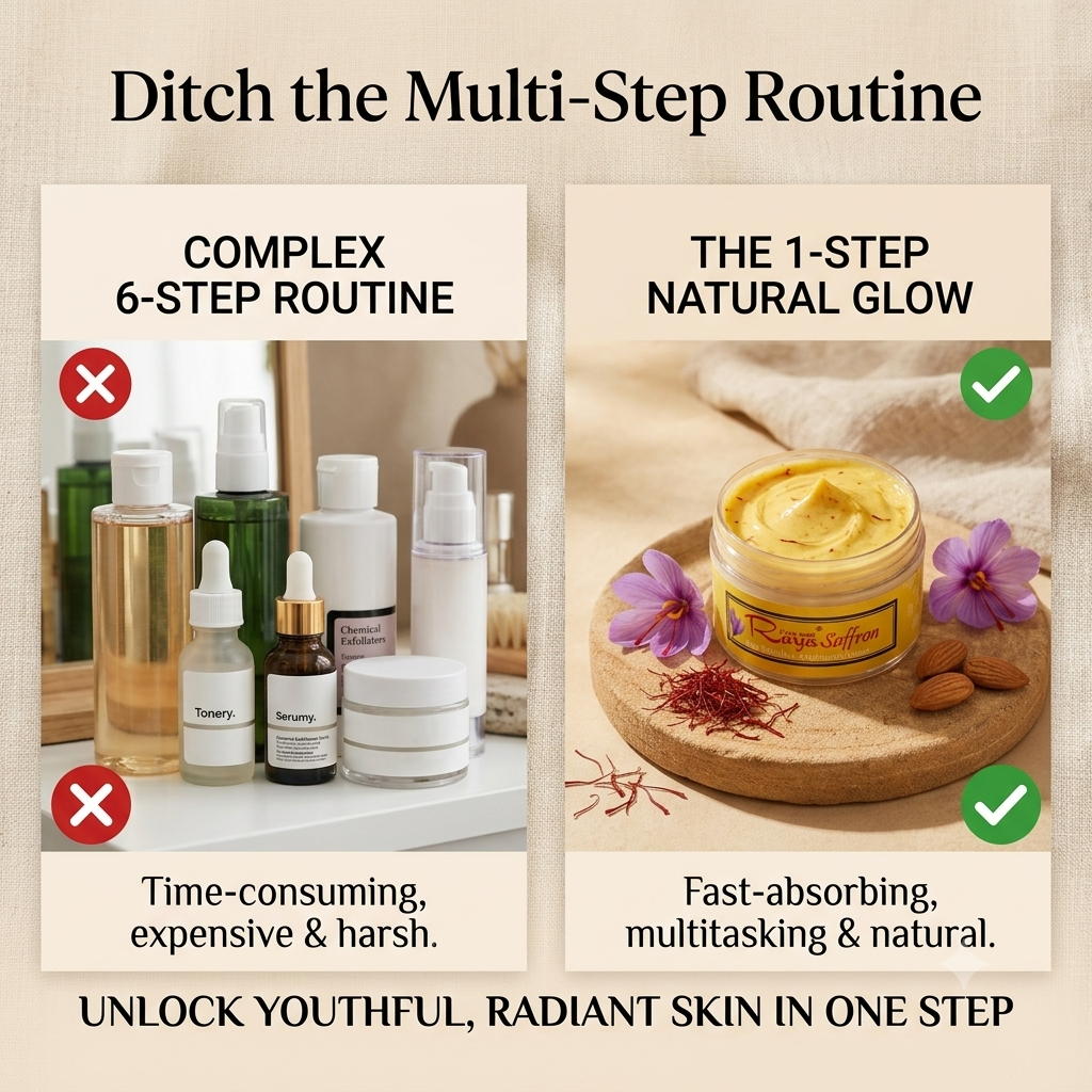 Ditch the multi-step routine: a shelf of six skincare bottles marked time-consuming, expensive and harsh, beside the saffron cream jar marked fast-absorbing, multitasking and natural