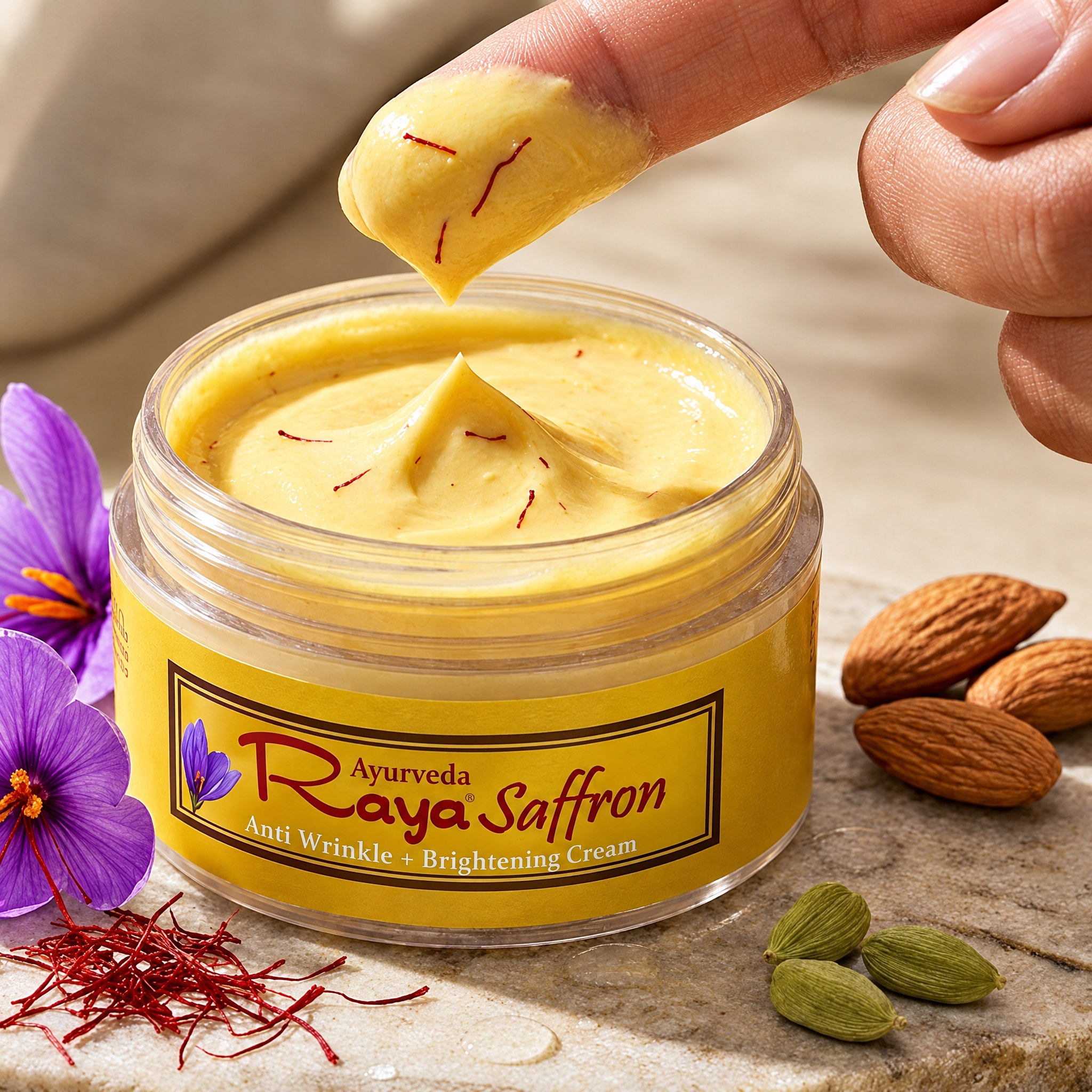 A fingertip lifting saffron cream with fine saffron threads in it from the open jar, with crocus flowers, almonds and cardamom around it