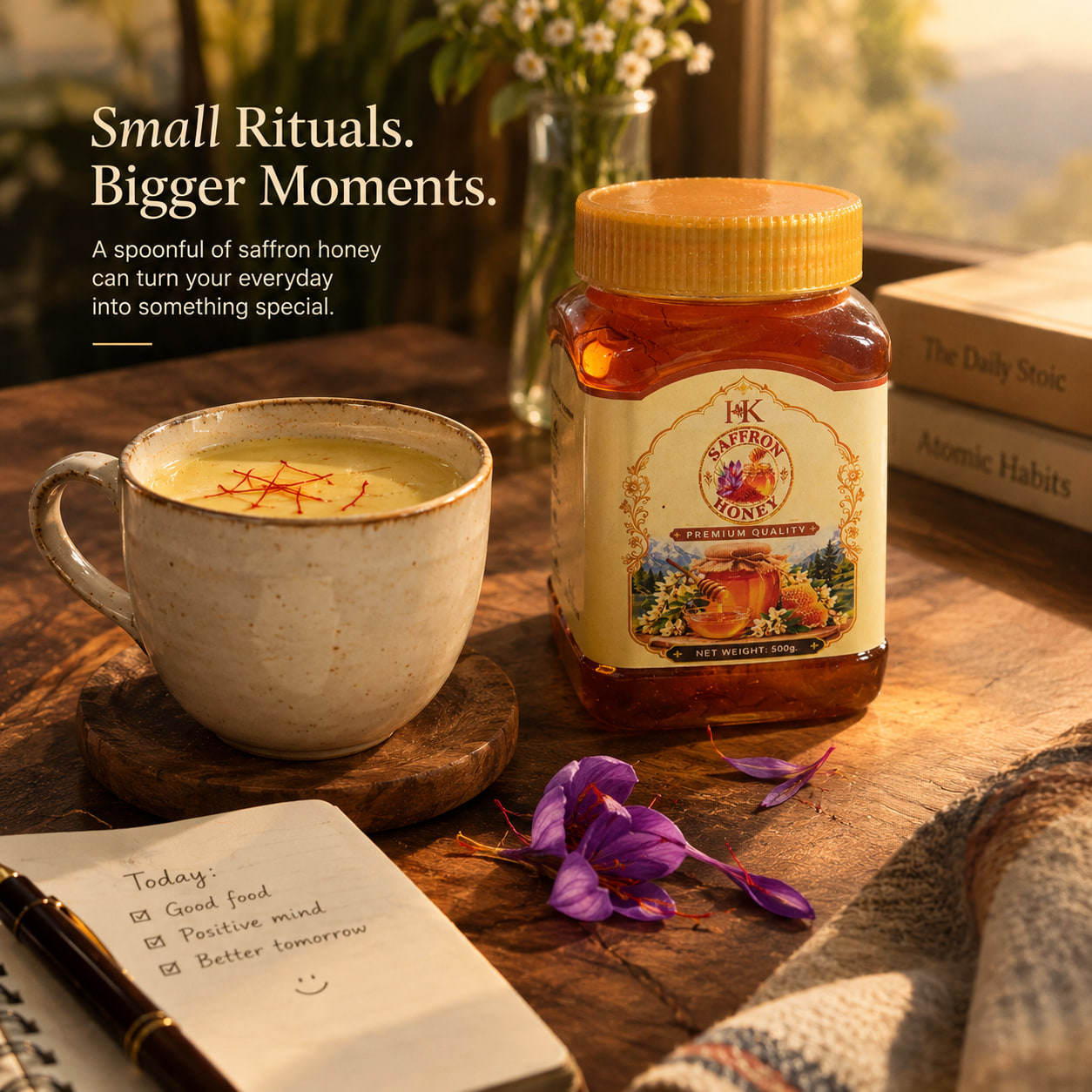 A cup of warm saffron milk beside the saffron honey jar on a wooden table, with crocus flowers and a notebook, under the words Small Rituals, Bigger Moments