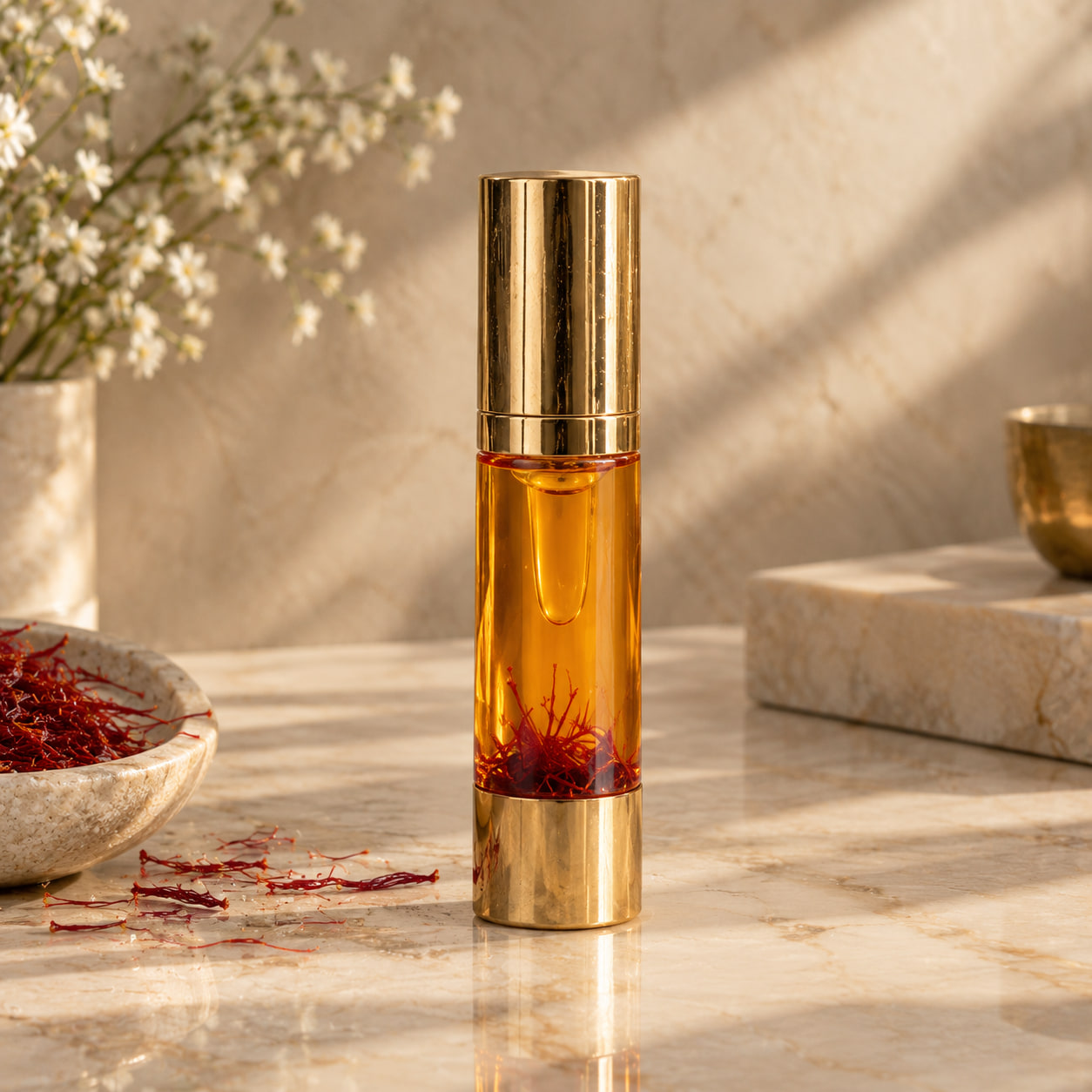 A gold-capped glass bottle of saffron-infused oil standing on marble, saffron threads settled in the base and a dish of threads beside it