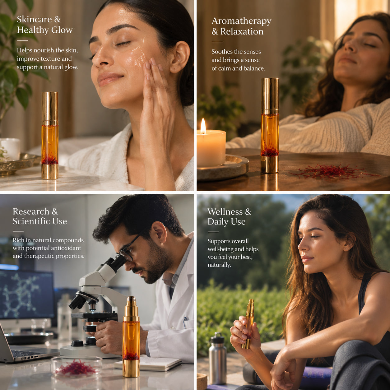 Four uses of saffron oil: a woman applying it to her face, a woman relaxing by a candle, a researcher at a microscope, and a woman outdoors holding the bottle