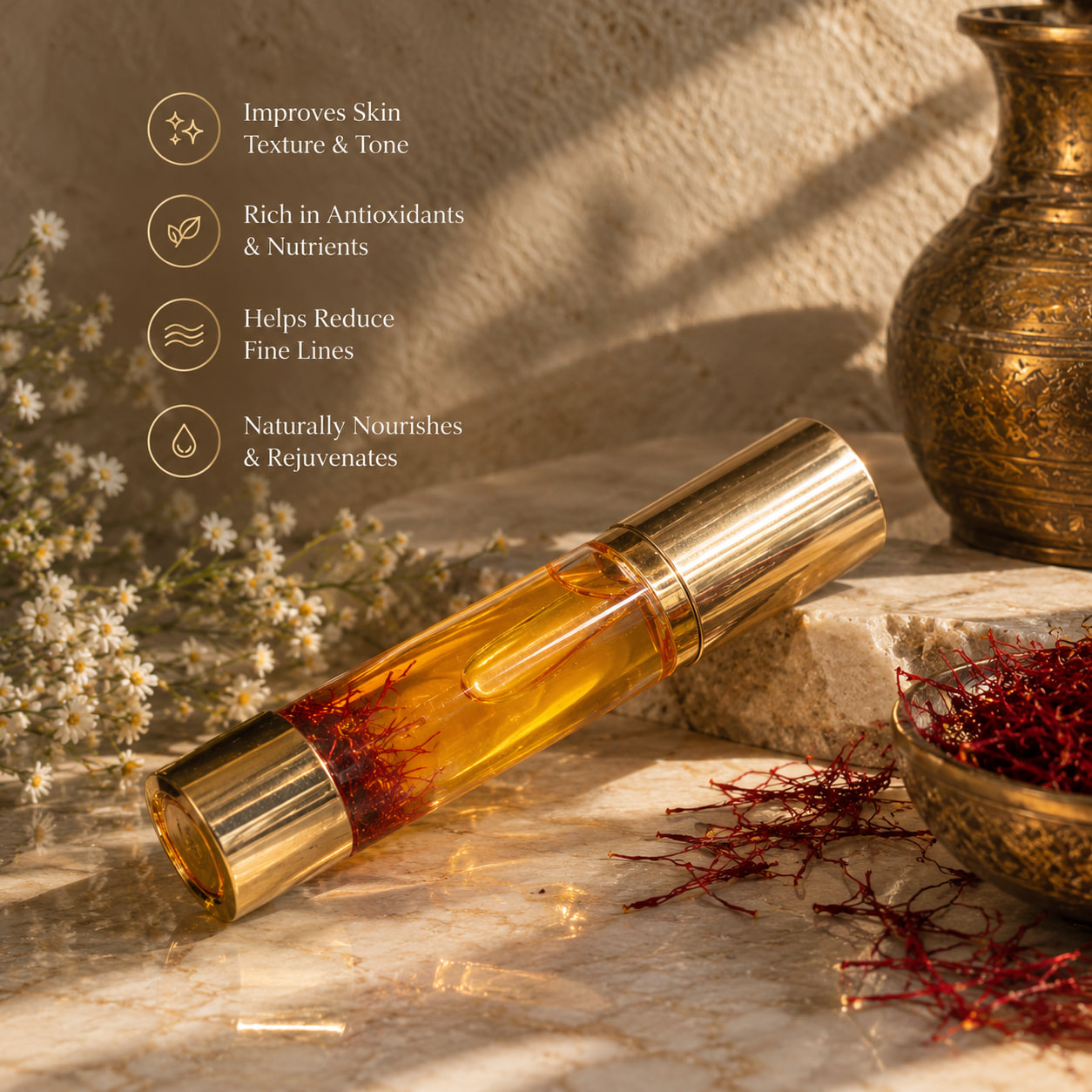 The saffron oil bottle lying on a stone ledge among saffron threads and small white flowers, beside notes on skin texture, antioxidants, fine lines and nourishment