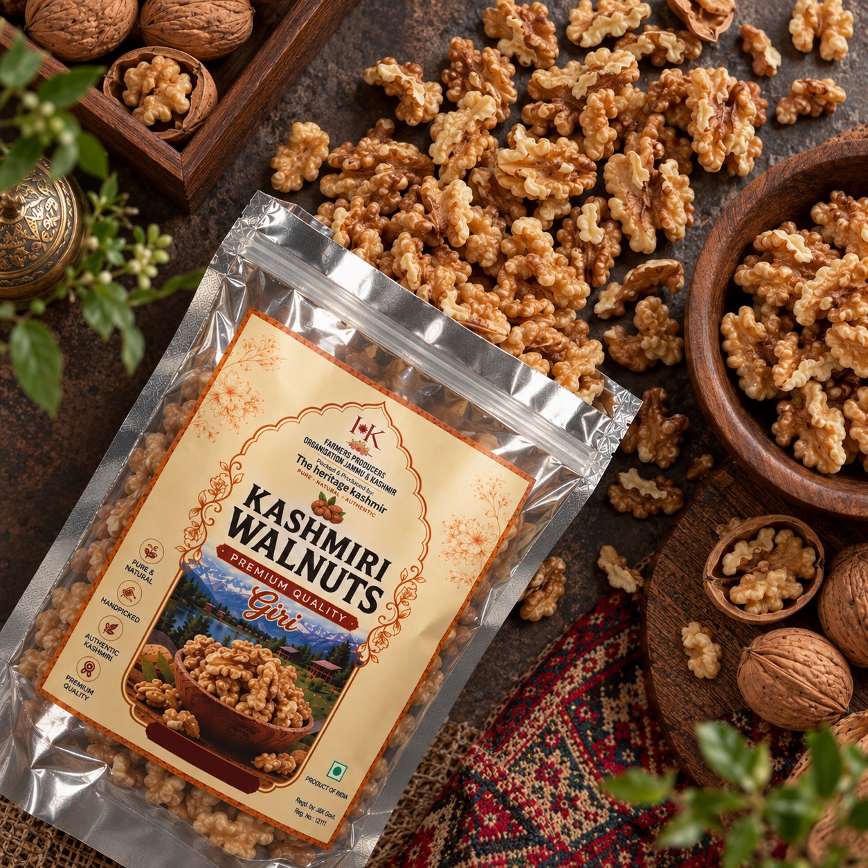 The Kashmiri Walnuts pouch lying on a dark table among loose walnut kernels, whole in-shell walnuts and wooden bowls of kernels