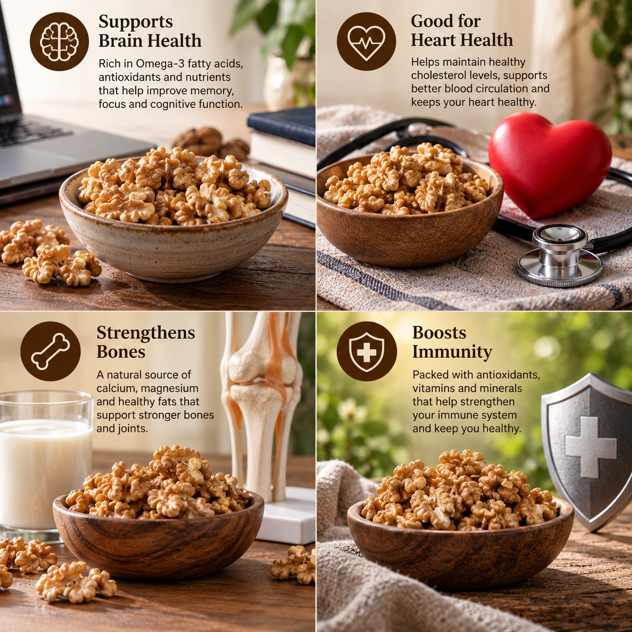 Four panels of walnut kernels in wooden bowls, each with a printed note on brain, heart, bone or immune health