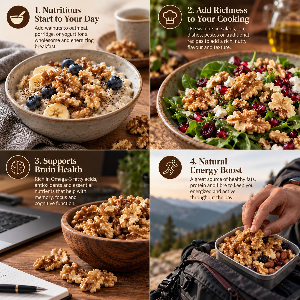 Four panels of walnuts on breakfast oats, in a salad, beside a laptop and in a hiking snack, each with a printed serving idea
