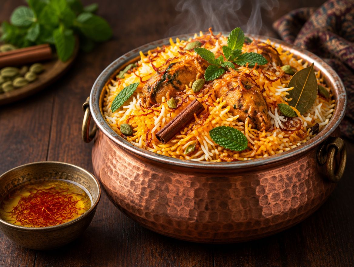 Saffron biryani in a copper pot, with saffron threads steeping in a bowl