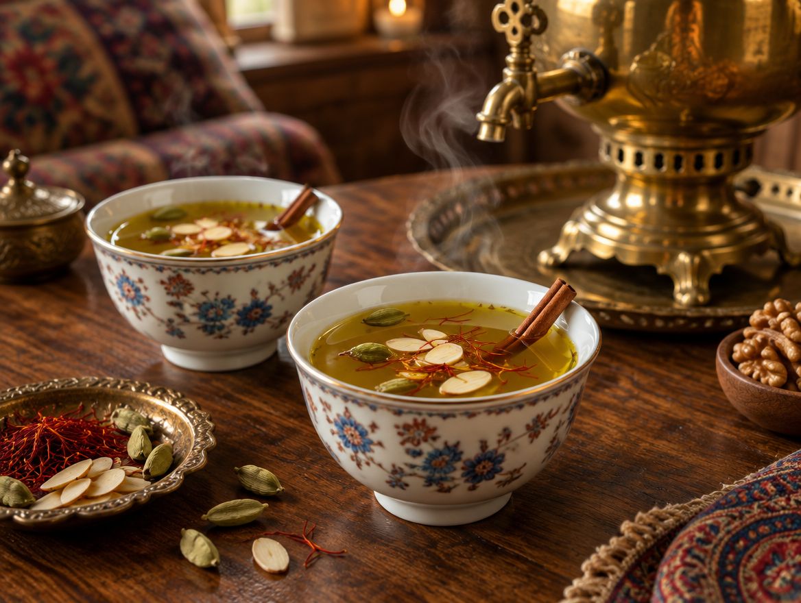 Illustration: two cups of kahwa with saffron and almond slivers, a samovar behind