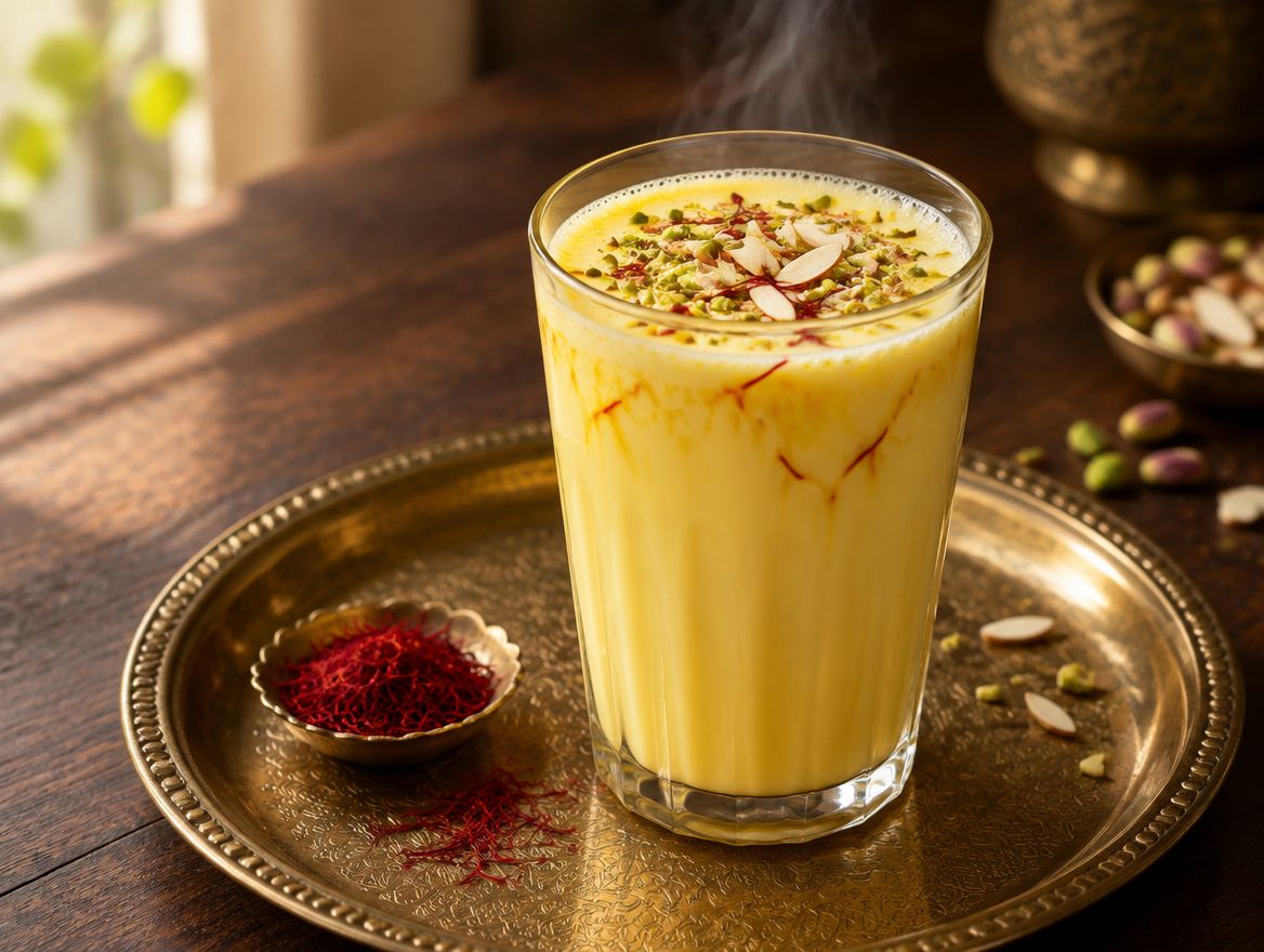 Illustration: a glass of saffron milk with pistachio and almond on a brass tray