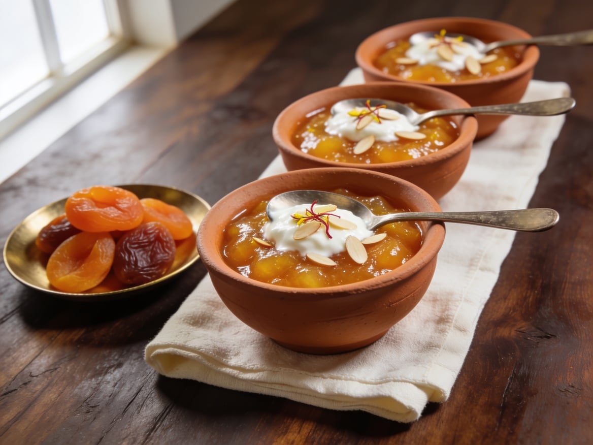 Illustration: khubani ka meetha in terracotta bowls with cream and slivered almonds