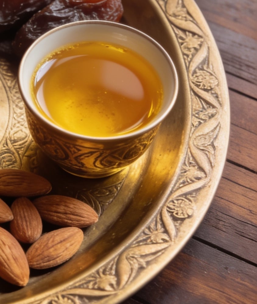 Illustration: a cup of golden kahwa on a brass tray beside almonds