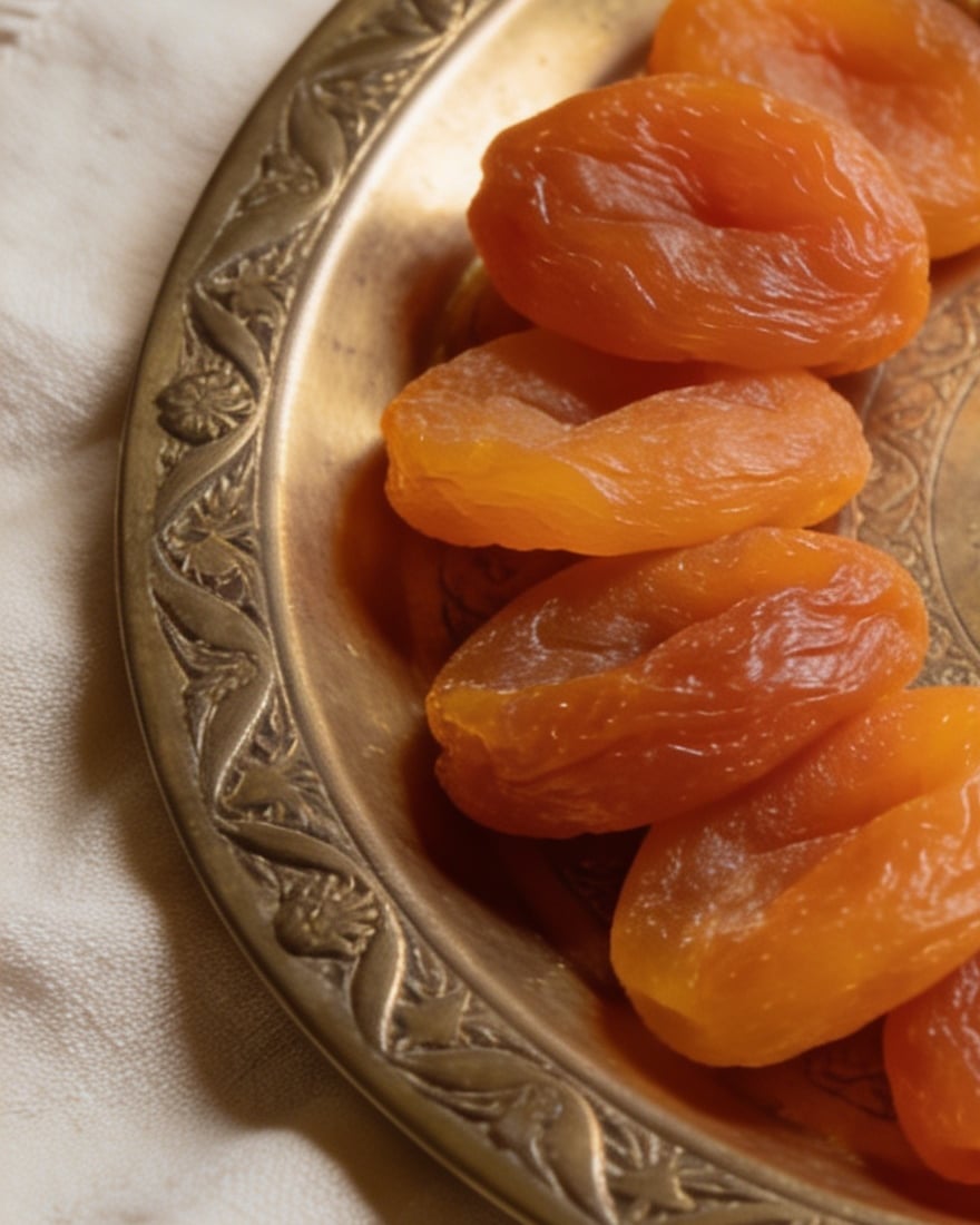 Illustration: whole dried apricots laid out on an engraved brass tray