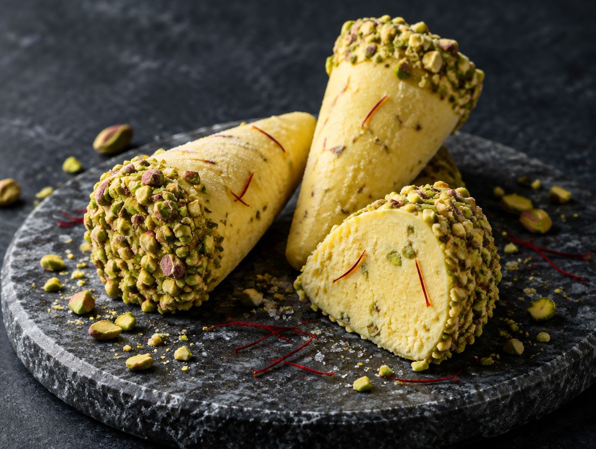 Illustration: saffron pistachio kulfi on a stone plate