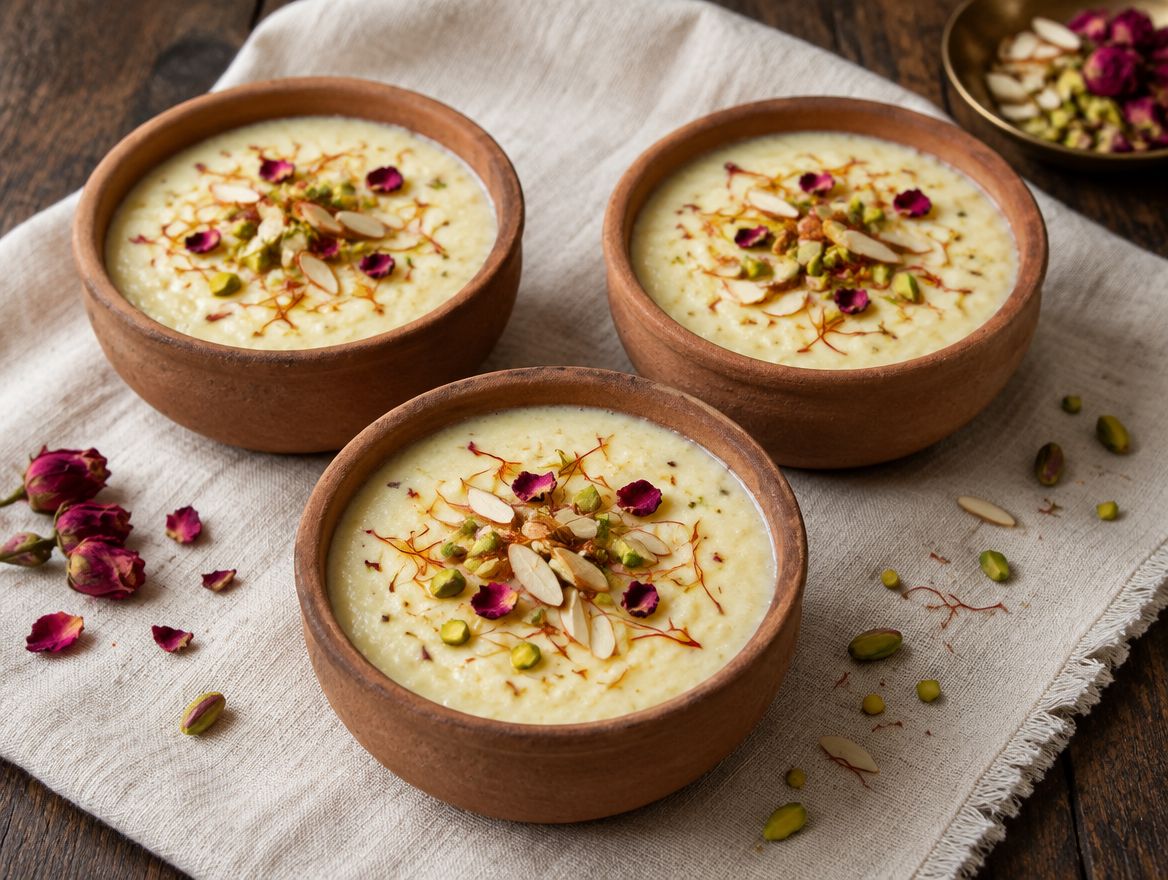Illustration: phirni in clay bowls topped with saffron, almond, pistachio and rose petals