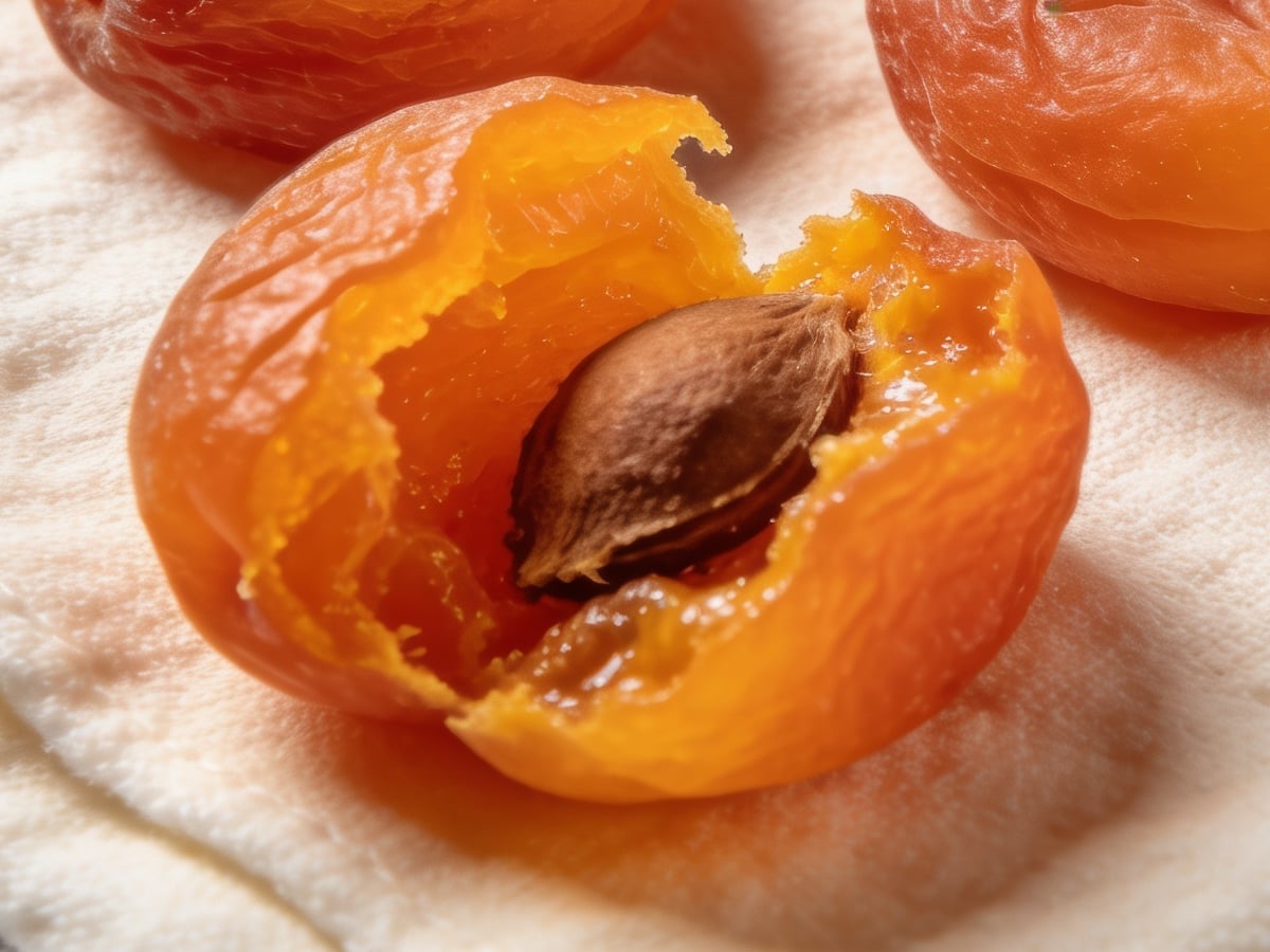 Illustration: a whole dried apricot torn open, showing the orange flesh and the stone inside