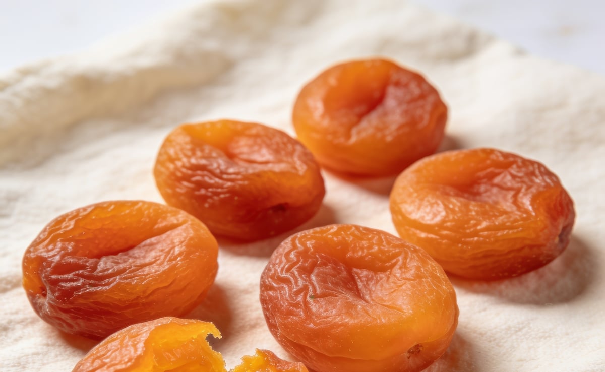 Illustration: whole dried apricots on cream cloth, wrinkled and orange-amber