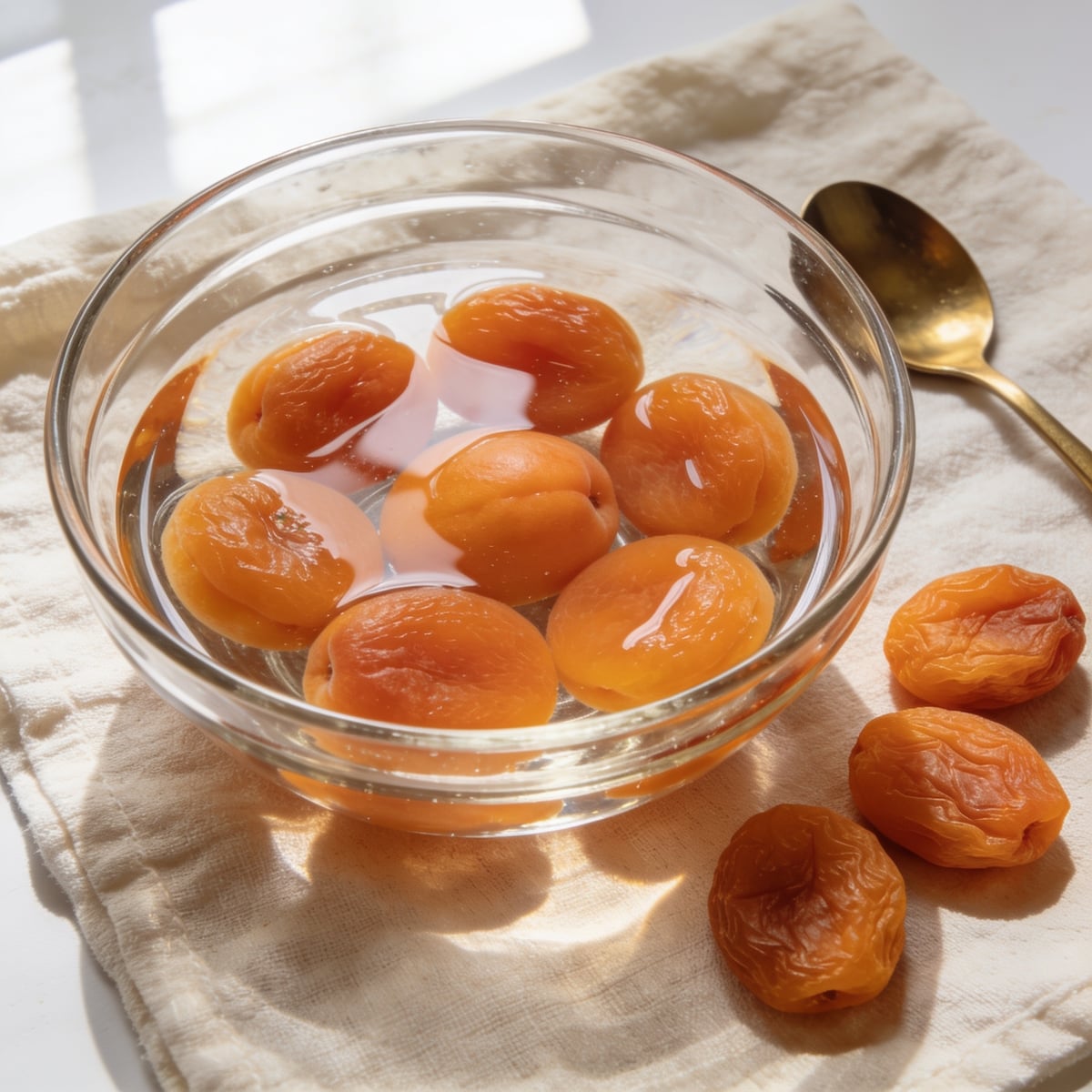 Illustration: dried apricots plumped in a glass bowl of water after soaking