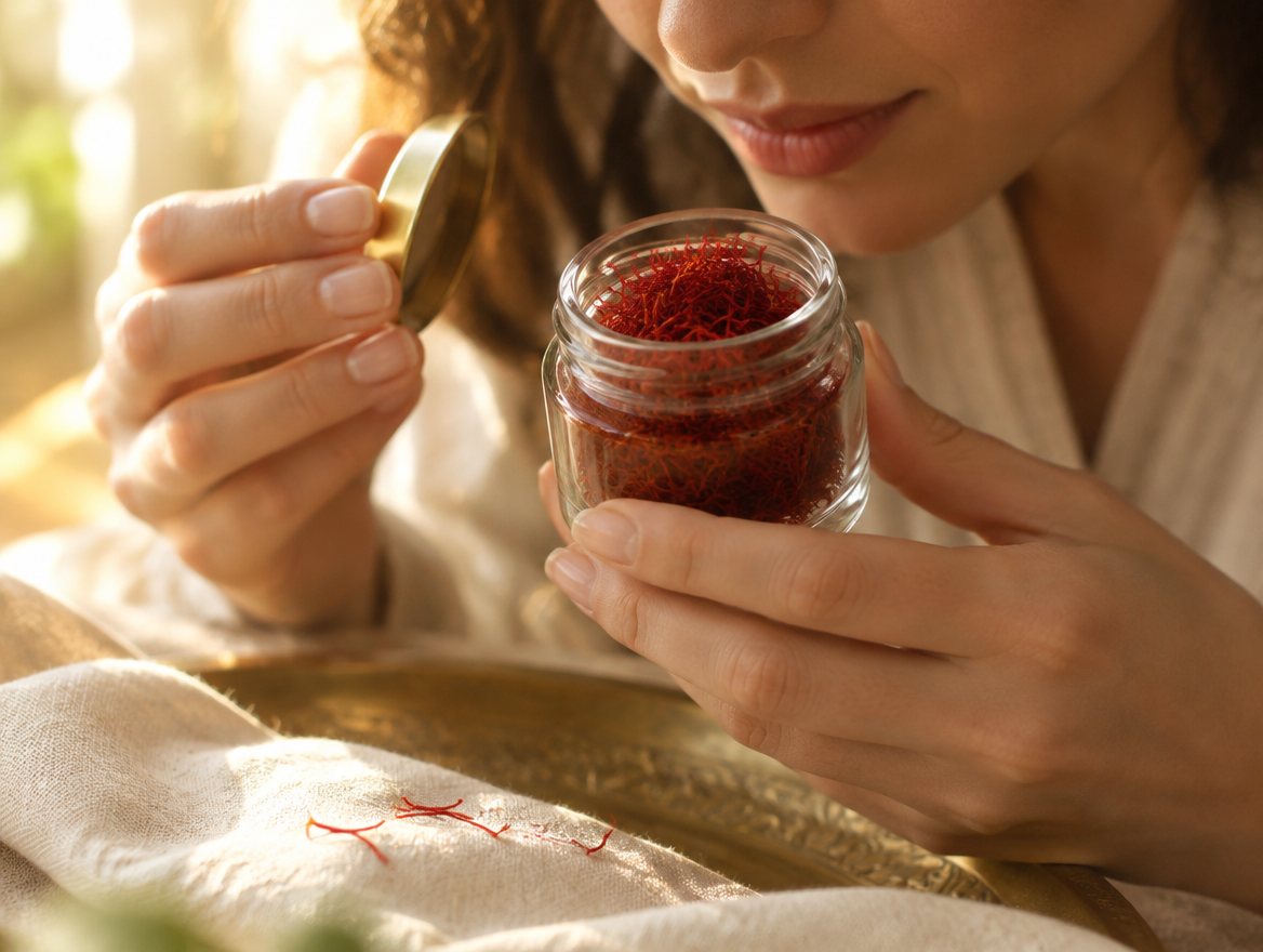 A woman smelling an open jar of saffron threads