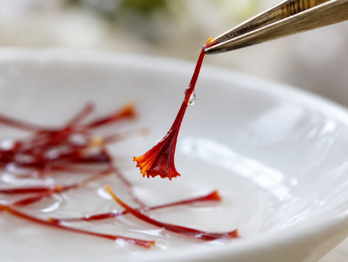 A soaked saffron thread held in tweezers, flared into a trumpet at its tip