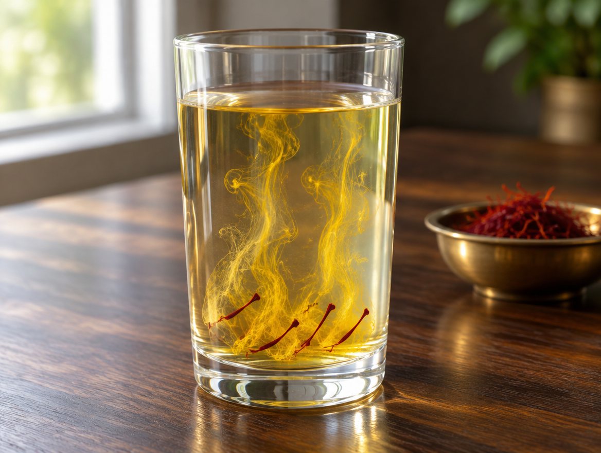 Illustration of the saffron water test: red saffron threads in a glass of warm water with a golden-yellow colour spreading slowly from each thread