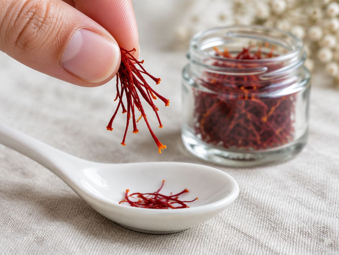 Illustration: a pinch of saffron threads held above a small spoon