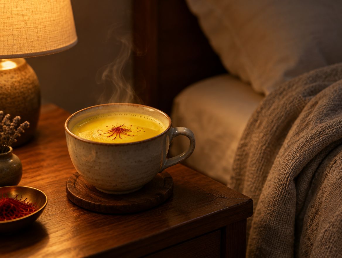 Illustration: a cup of warm saffron milk on a bedside table at night