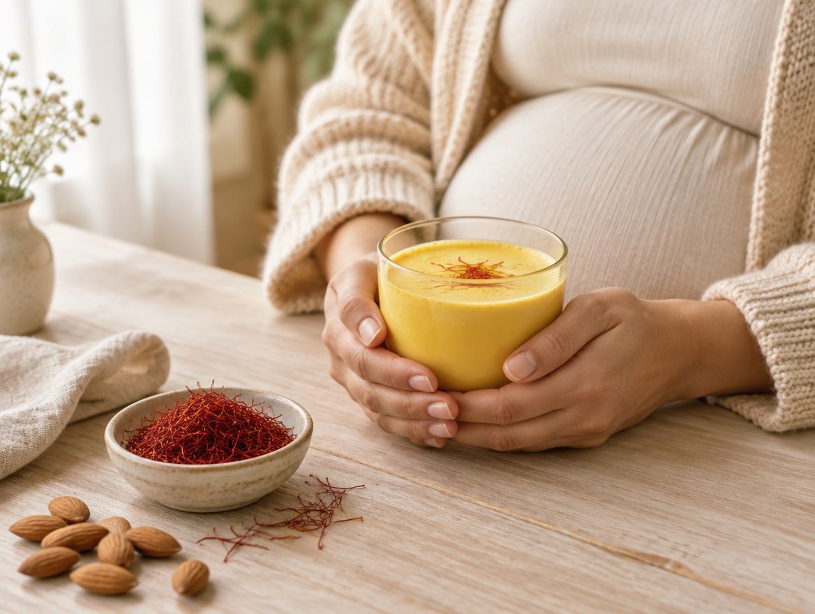 Illustration: an expectant mother holding a glass of warm saffron milk